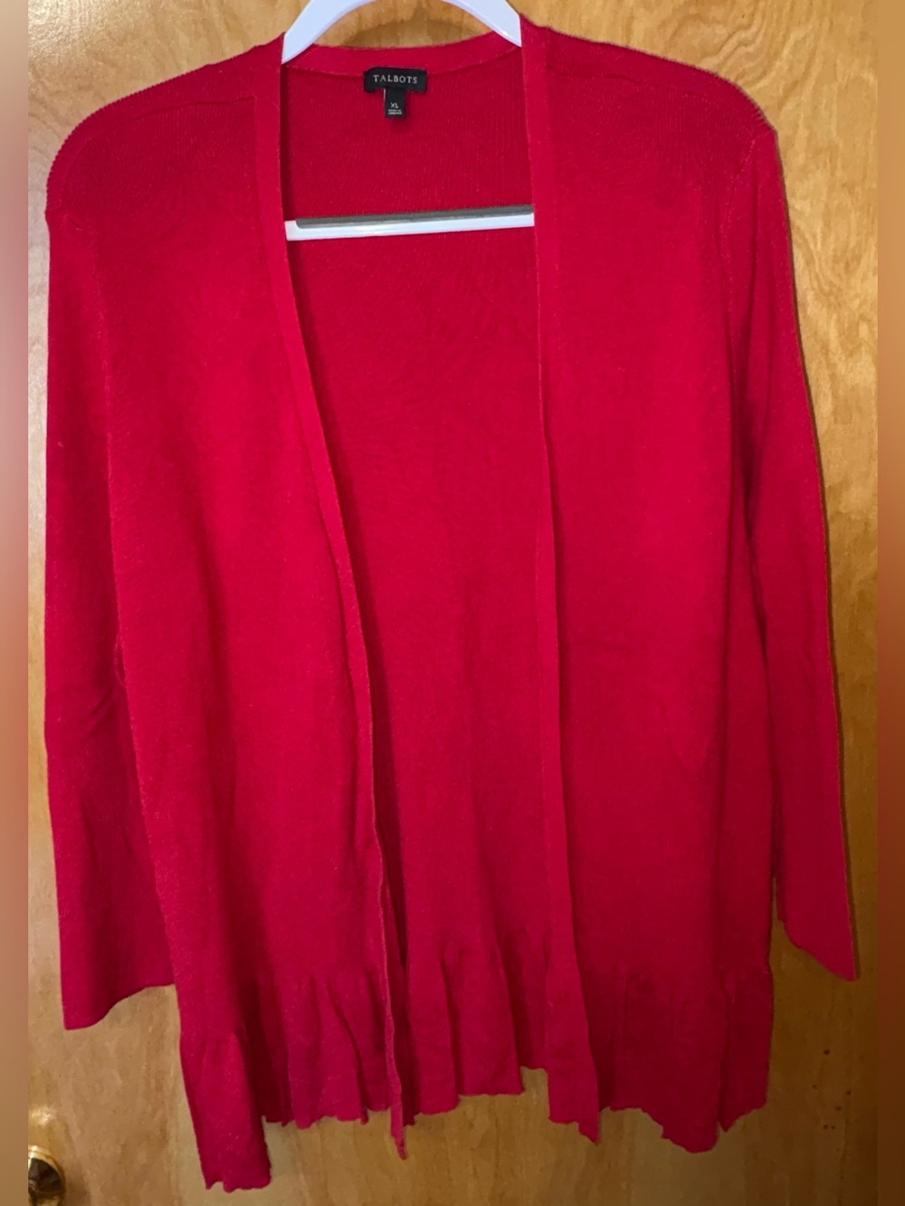 Talbots red ribbed knit 3/4 sleeve open front cardigan sweater Size XL pleats